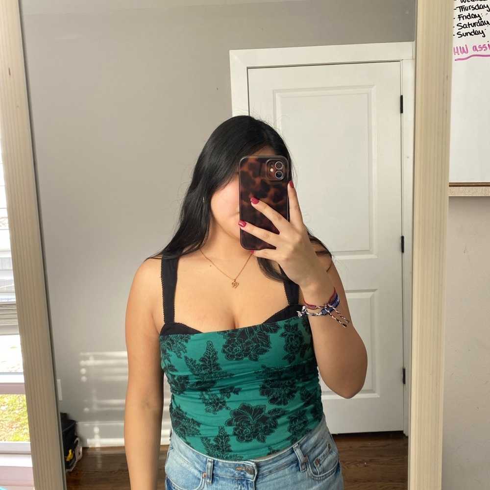 Floral Green and Black Women's Top